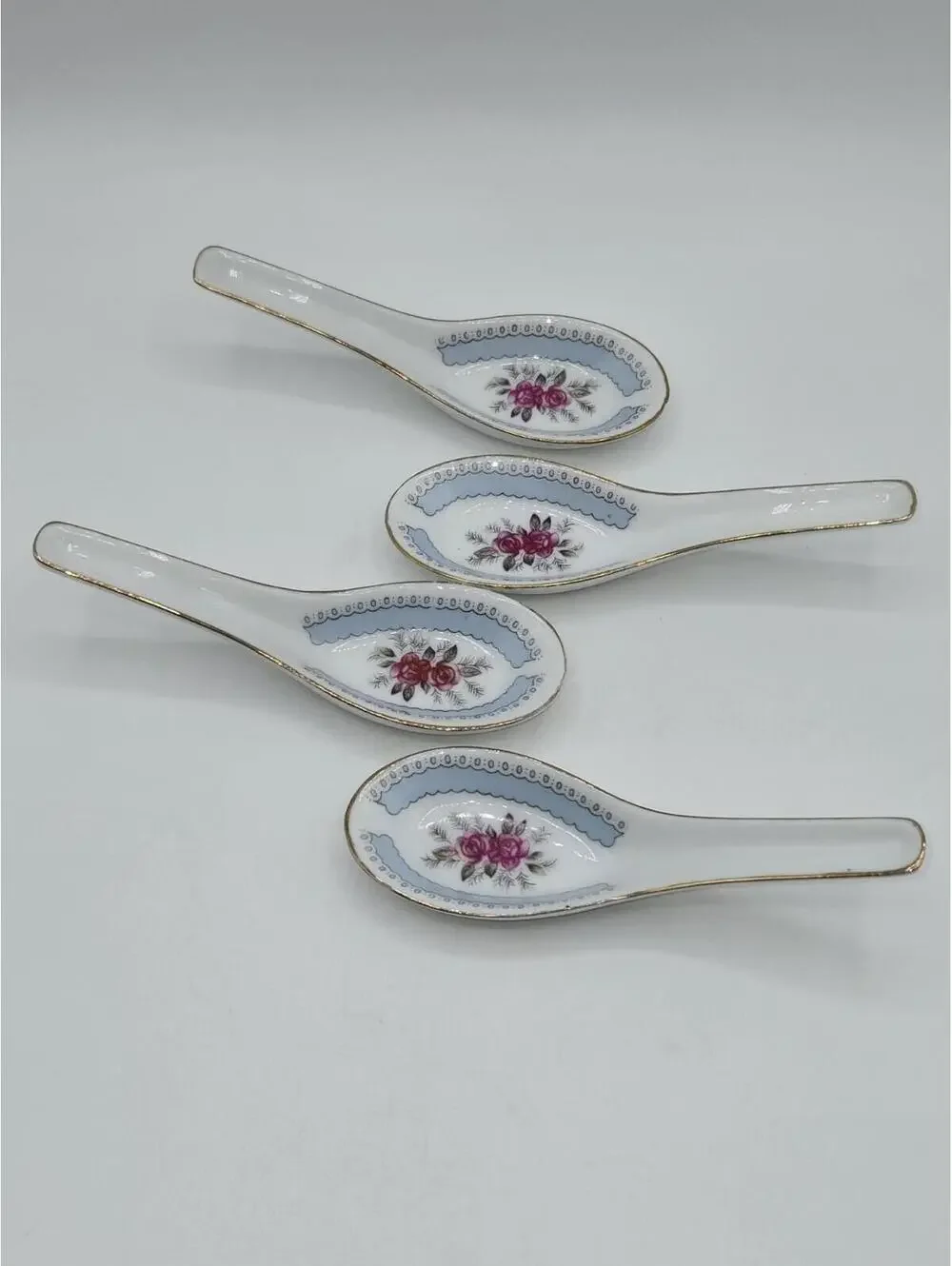 Cathay Porcelain Soup Spoons Set‎ of 4 Floral Rose Gold Trim China